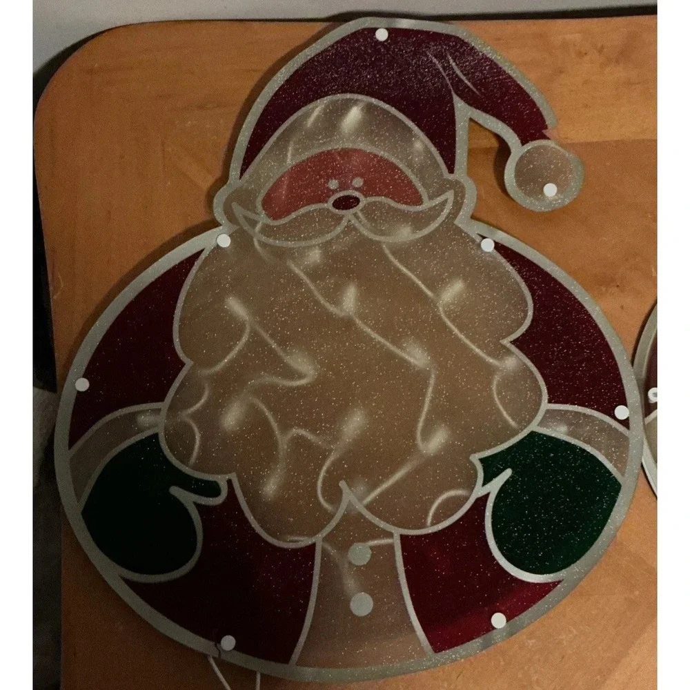Set Of 2 Vintage Plastic Santa Window Lights, Stain Glass Lime, Tested And Works